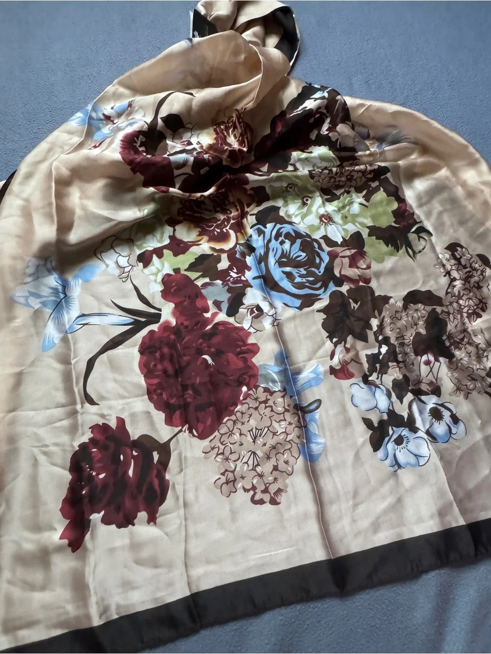 Silk Floral Scarf in Beige